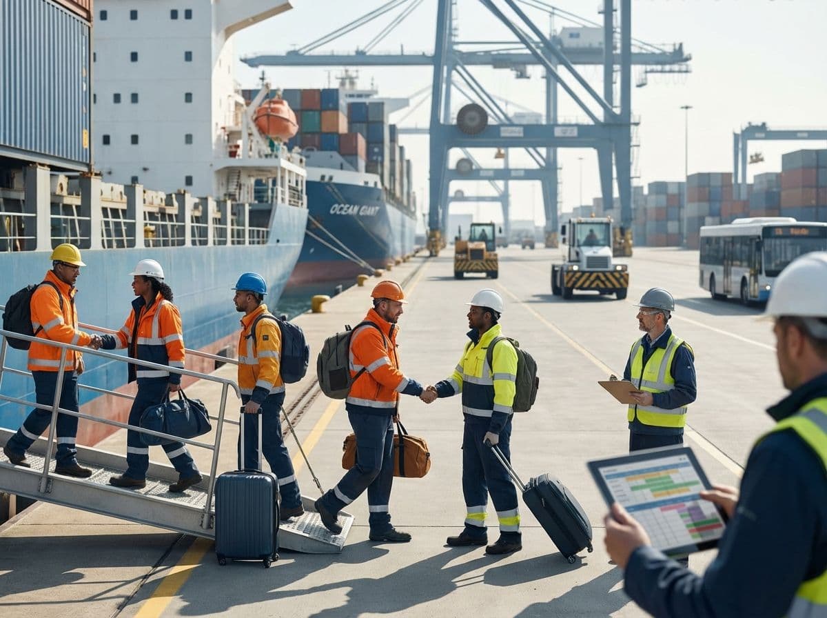 Crew transfer logistics at a port terminal.