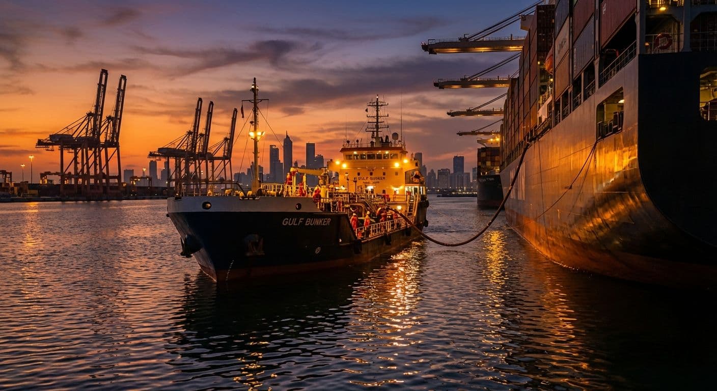 Vessel refueling operations at a Gulf port during sunset.